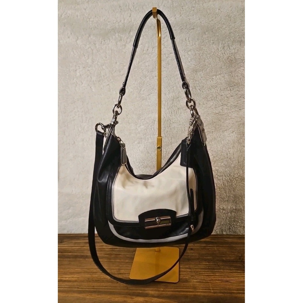 Coach Kristin Spectator Leather Hobo 2 Way Bag Convertible‎ Monochrome  Pt02